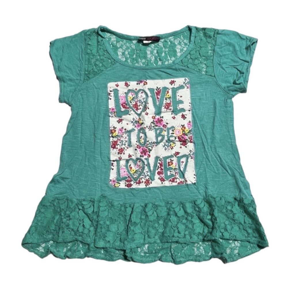 Miss Majesty “Love To Be Loved” floral & lace top 10/12y